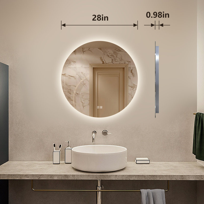 Orren Ellis Round Frameless Lighted Bathroom/Vanity Mirror Dimmable